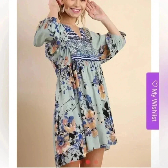 Umgee Sage V-Neck Floral Peasant Dress Women’s SM- gorgeous Boho BEAUTY Size M - Picture 3 of 11